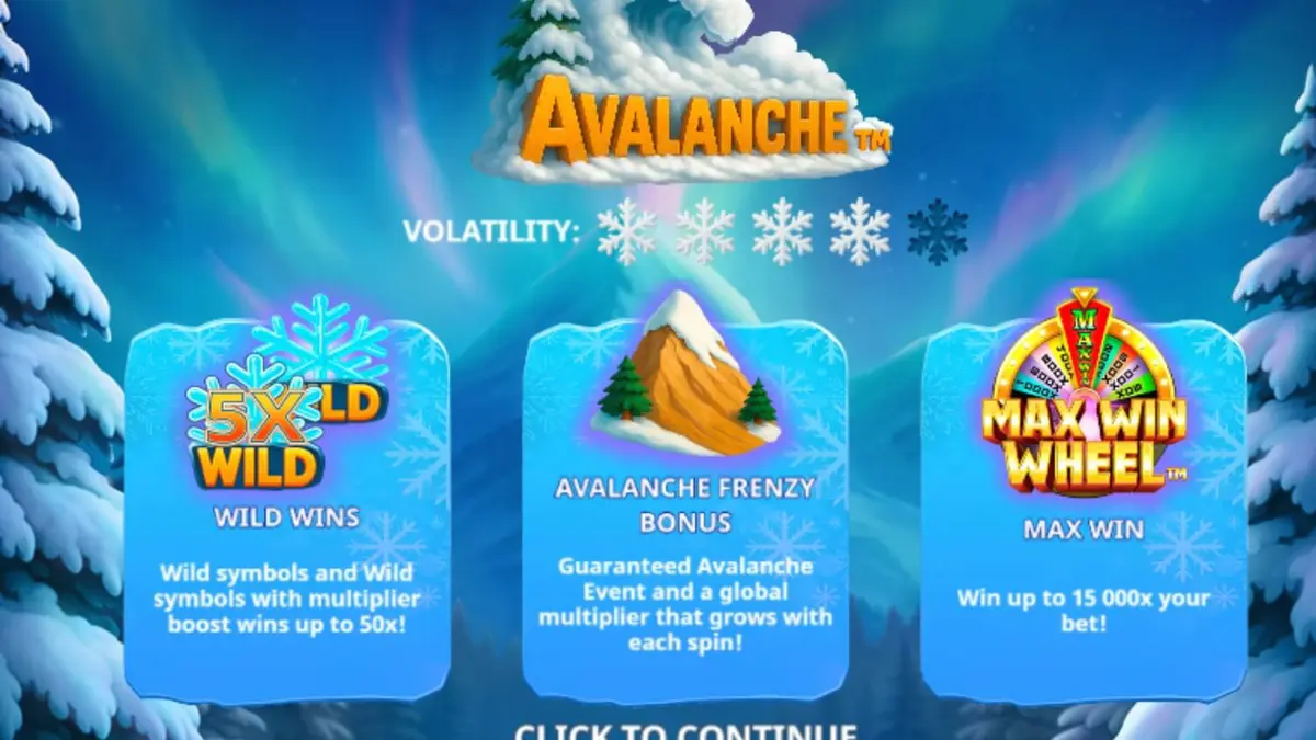Pemandangan pegunungan bersalju dalam slot Avalanche dengan karakter yeti yang lucu