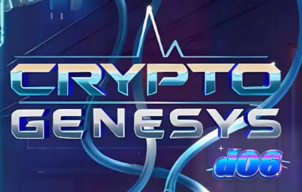 Tampilan visual futuristik dari slot Crypto Genesys dengan elemen neon dan simbol kripto.